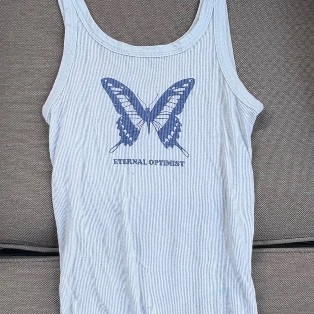 American Eagle Outfitters White Tank with Blue Butterfly Graphic
